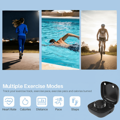 Running, swimming, and cycling panels with SR1 charging case and exercise tracking icons
