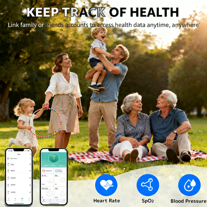 Family in a park beside health app screens and heart rate, SpO2, and blood pressure icons