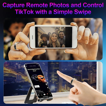 Hands using an SR2 ring for remote group photos and swipe control on a phone
