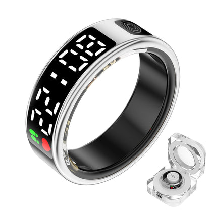 Silver SR2 smart ring with digital health display and clear charging case on white
