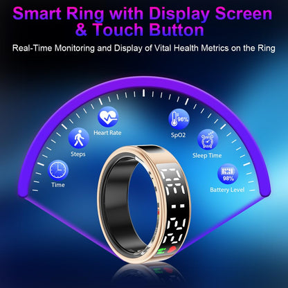 Rose gold SR2 ring with touch display surrounded by health, sleep, steps, and battery icons