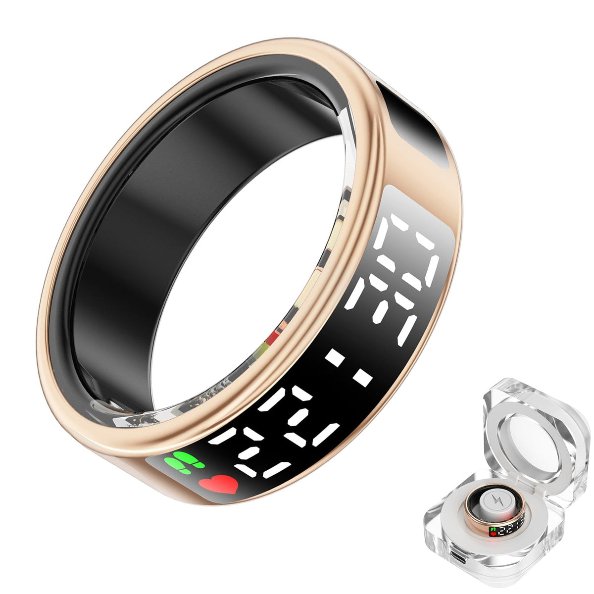 Rose gold SR2 smart ring with digital health display and clear charging case on white