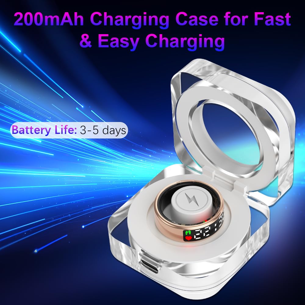 Rose gold SR2 ring in a clear 200 mAh charging case with 3–5 day battery life text