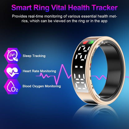 Rose gold SR2 ring beside sleep, heart rate, and blood oxygen monitoring icons
