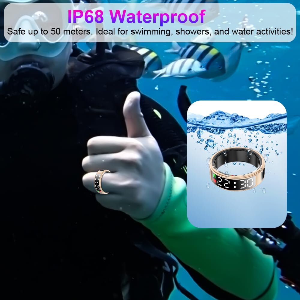 Diver wearing a rose gold SR2 ring underwater with IP68 waterproof and 50 meter text