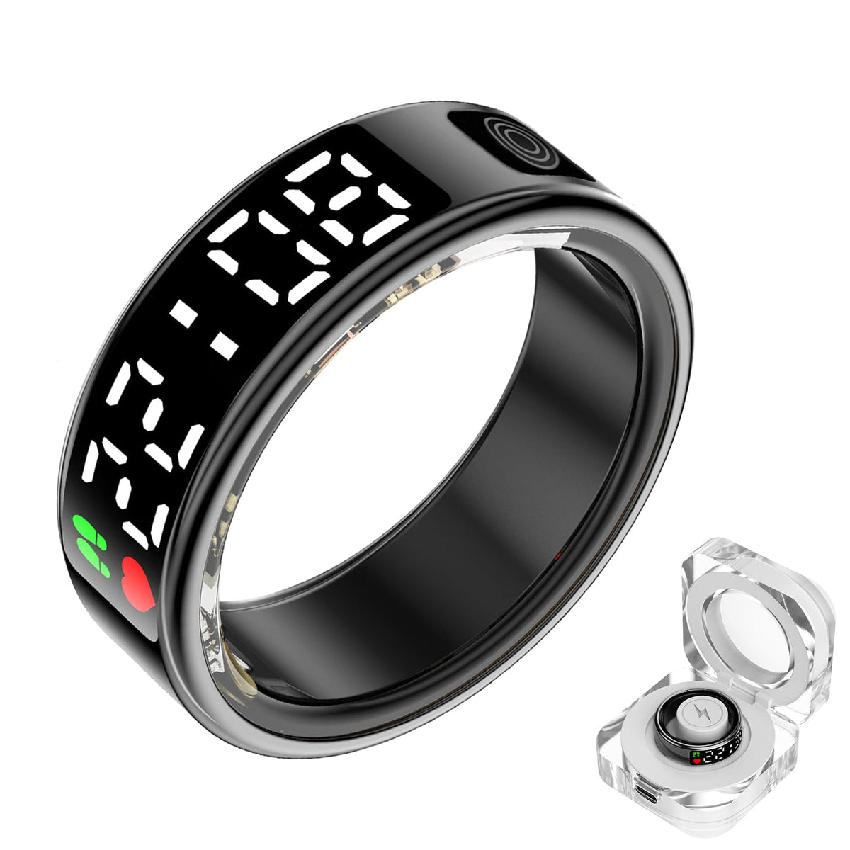 Black SR2 smart ring with digital health display and clear charging case on white