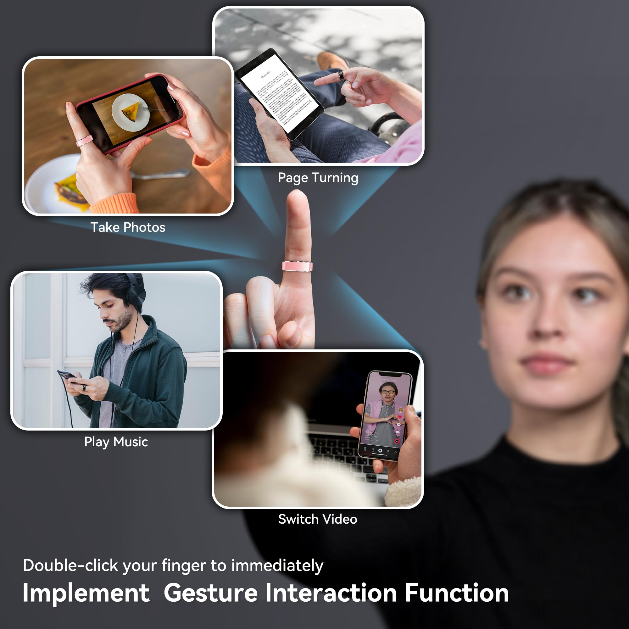 Woman wearing a pink SR3 ring with gesture controls for photos, page turning, music, and video