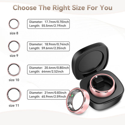 Pink SR3 ring size guide for sizes 8–11 with diameter, circumference, and charging case