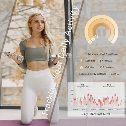 Woman lifting dumbbells while wearing a pink SR3 ring beside steps, calories, and heart rate data