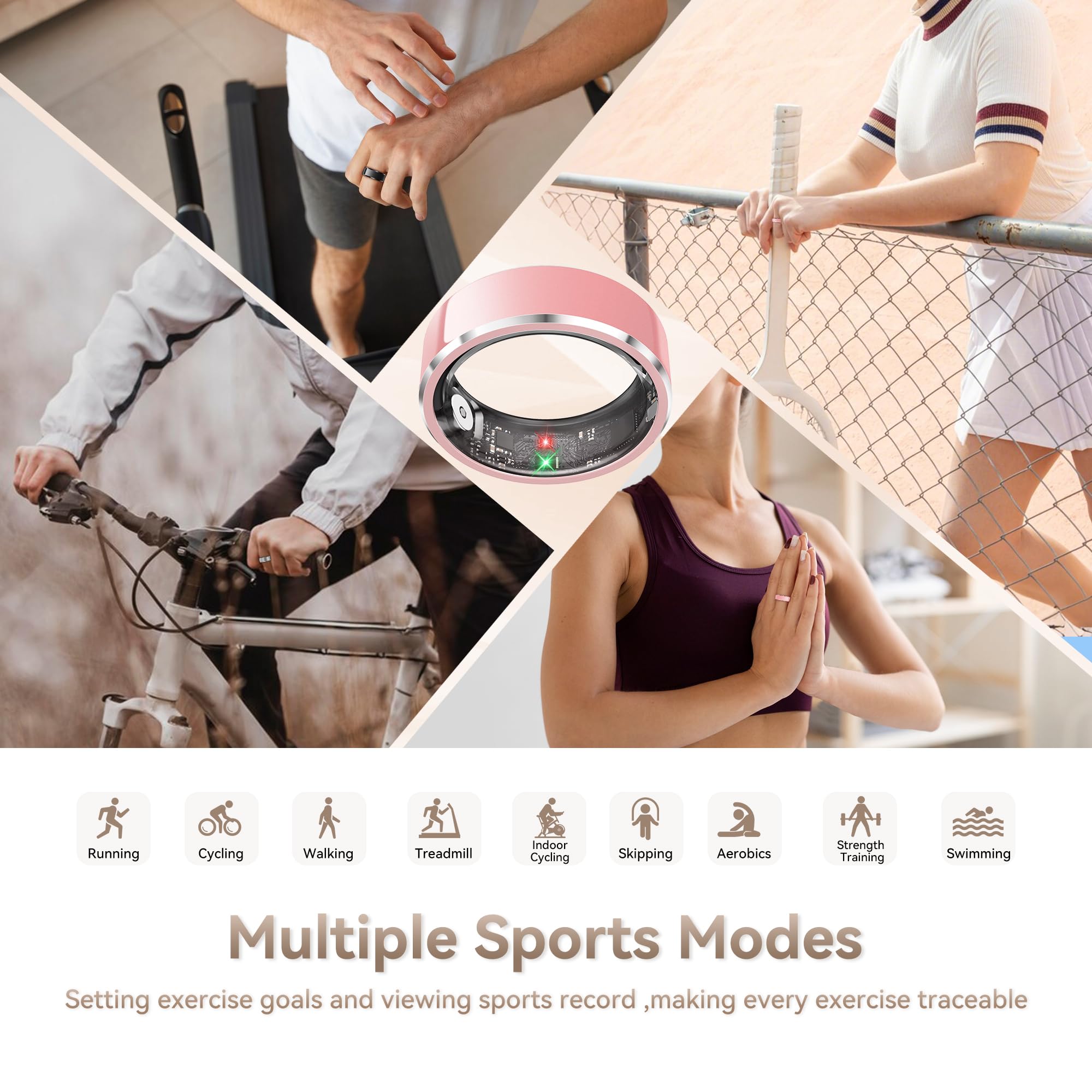 Pink SR3 ring surrounded by cycling, treadmill, yoga, tennis, and other sports mode scenes