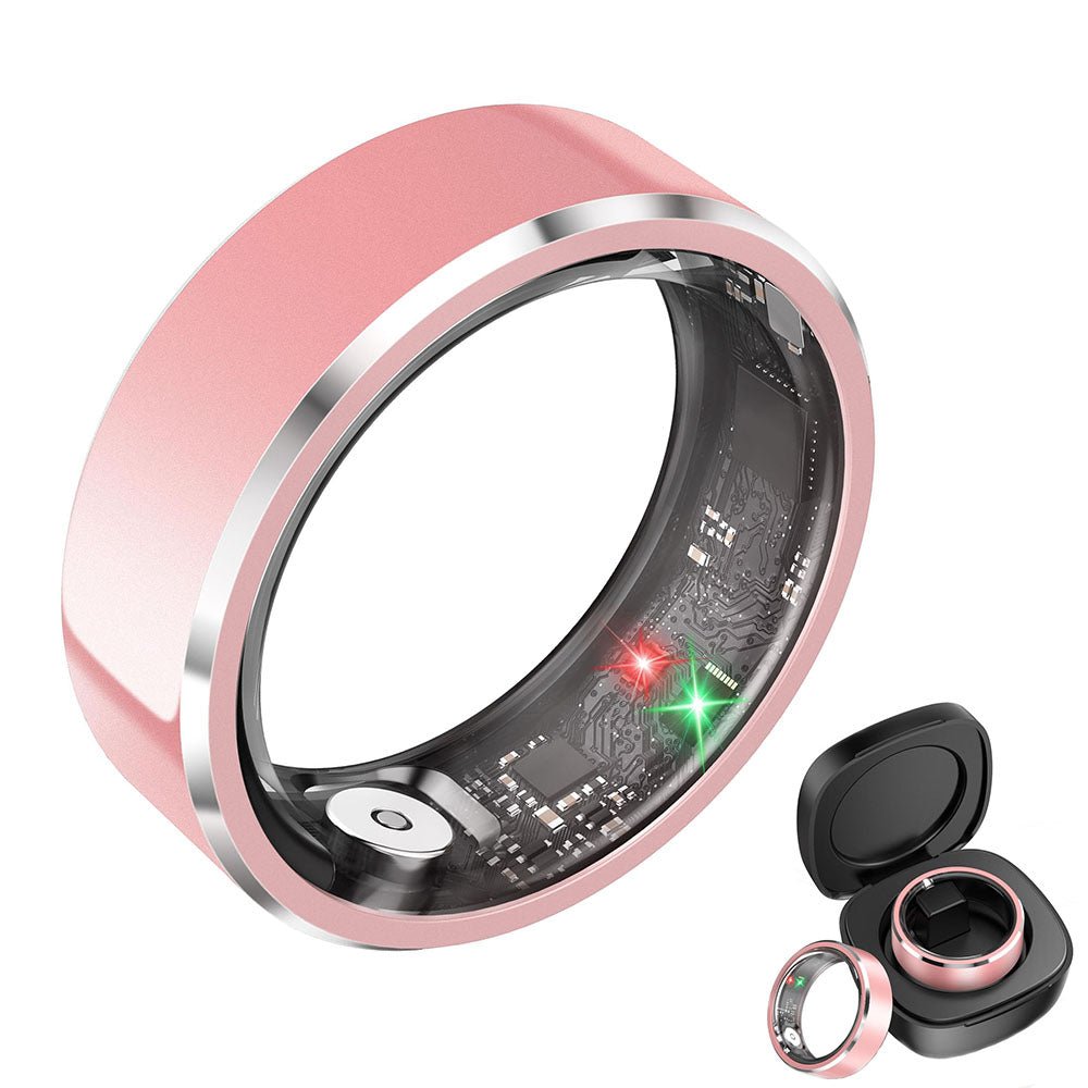 Pink SR3 smart ring with glowing inner sensors and black charging case on white