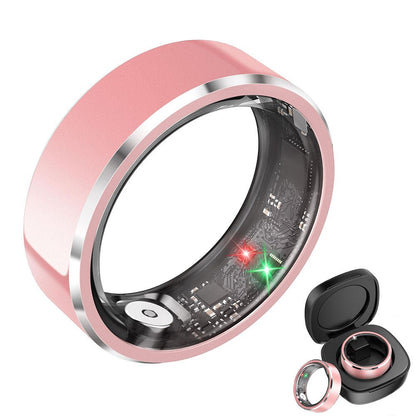 Pink SR3 smart ring with glowing inner sensors and black charging case on white#color_sr3-pink