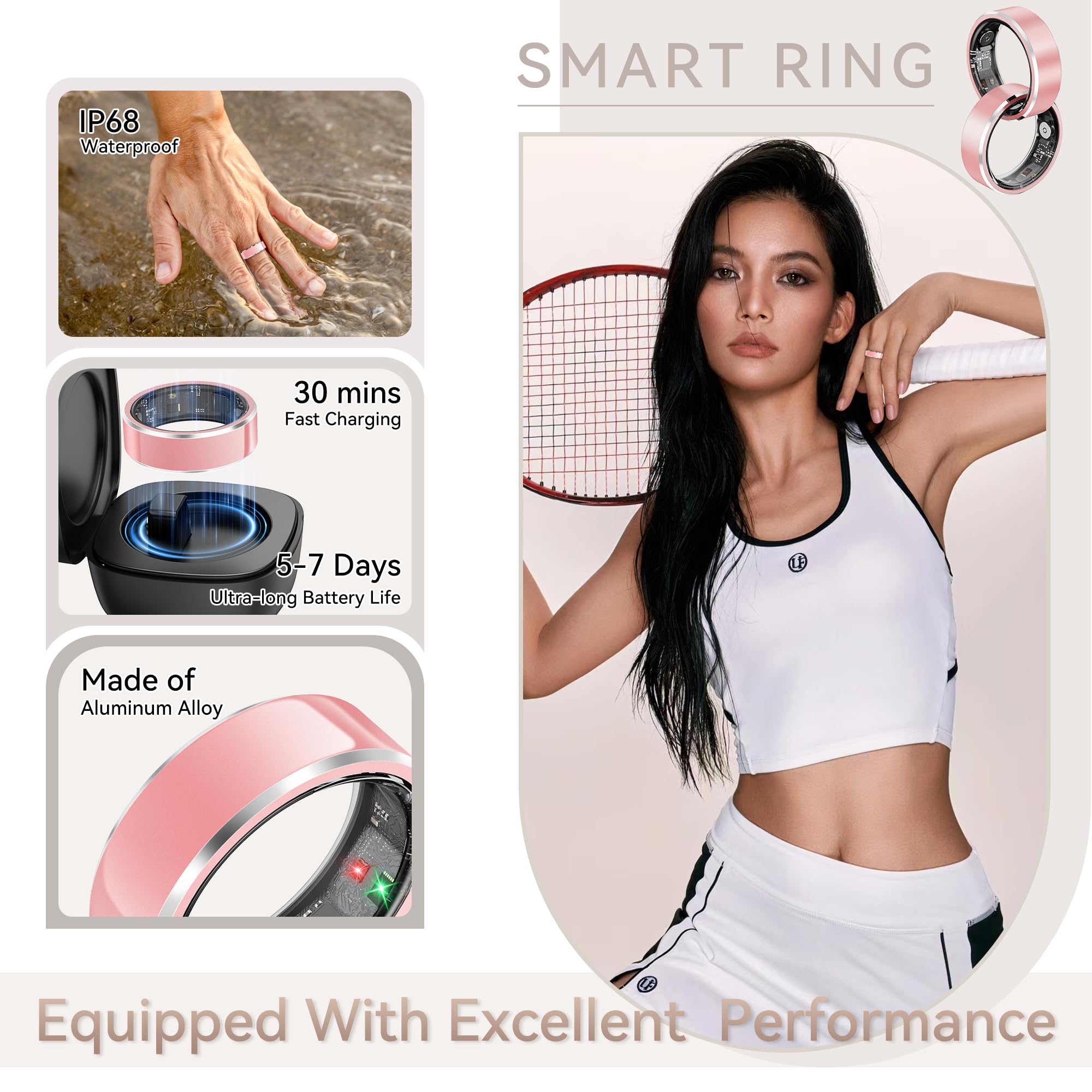 Woman holding a tennis racket wearing a pink SR3 ring beside waterproof, charging, and battery graphics