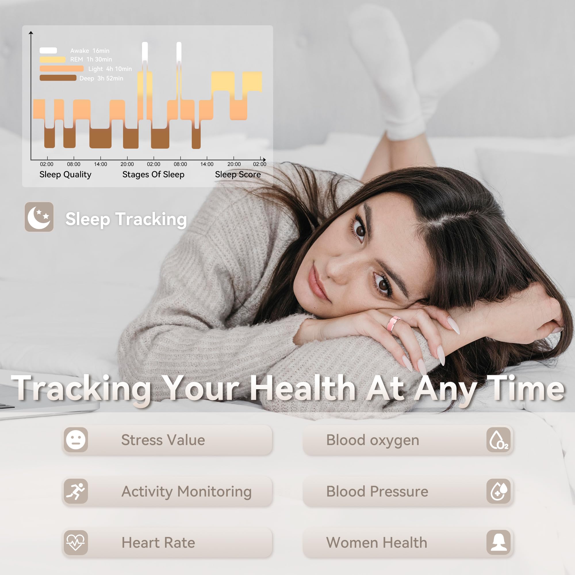 Woman wearing a pink SR3 ring in bed beside a sleep-stage chart and health tracking icons#color_sr3-pink