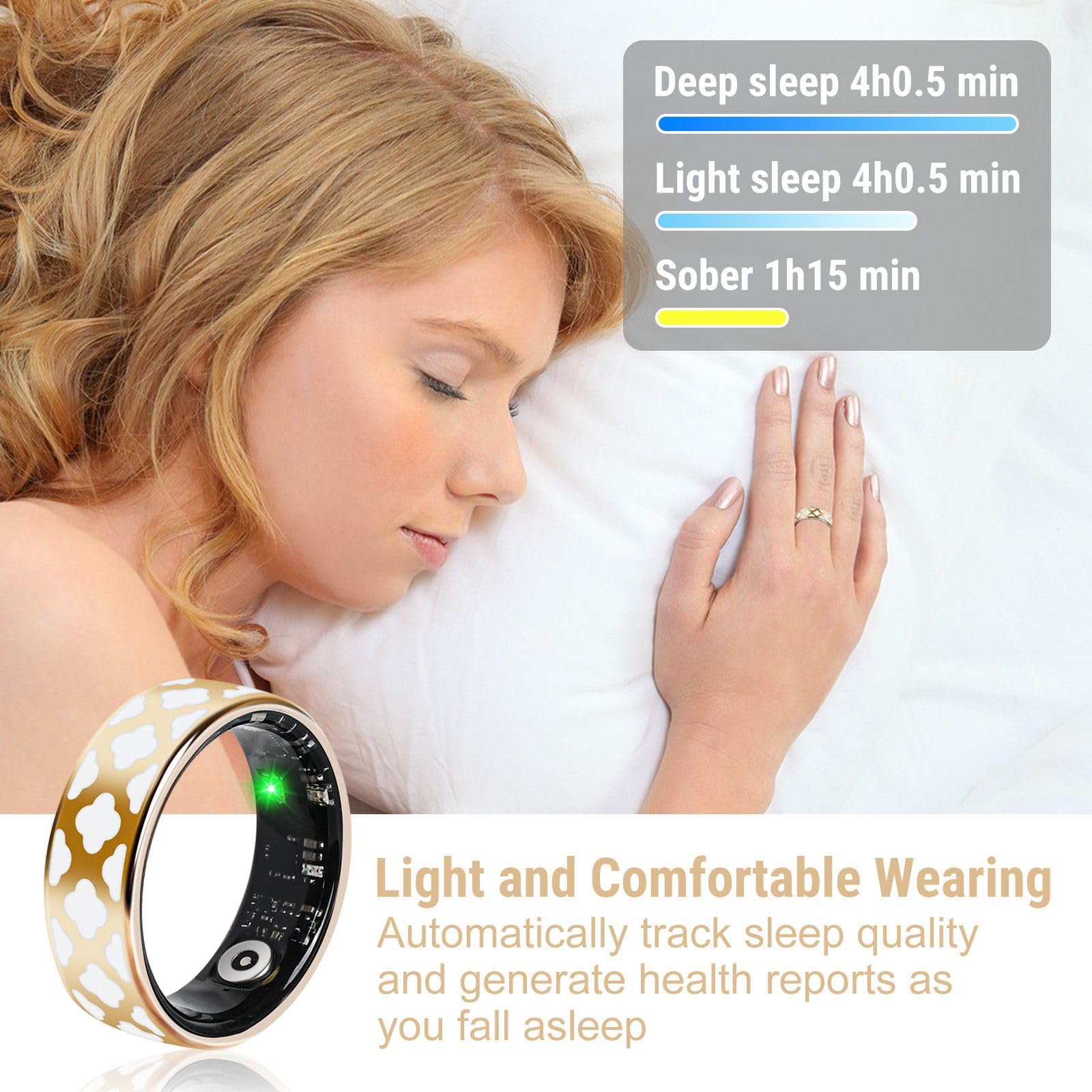 Woman sleeping with an SR4 ring beside deep, light, and awake sleep-stage bars