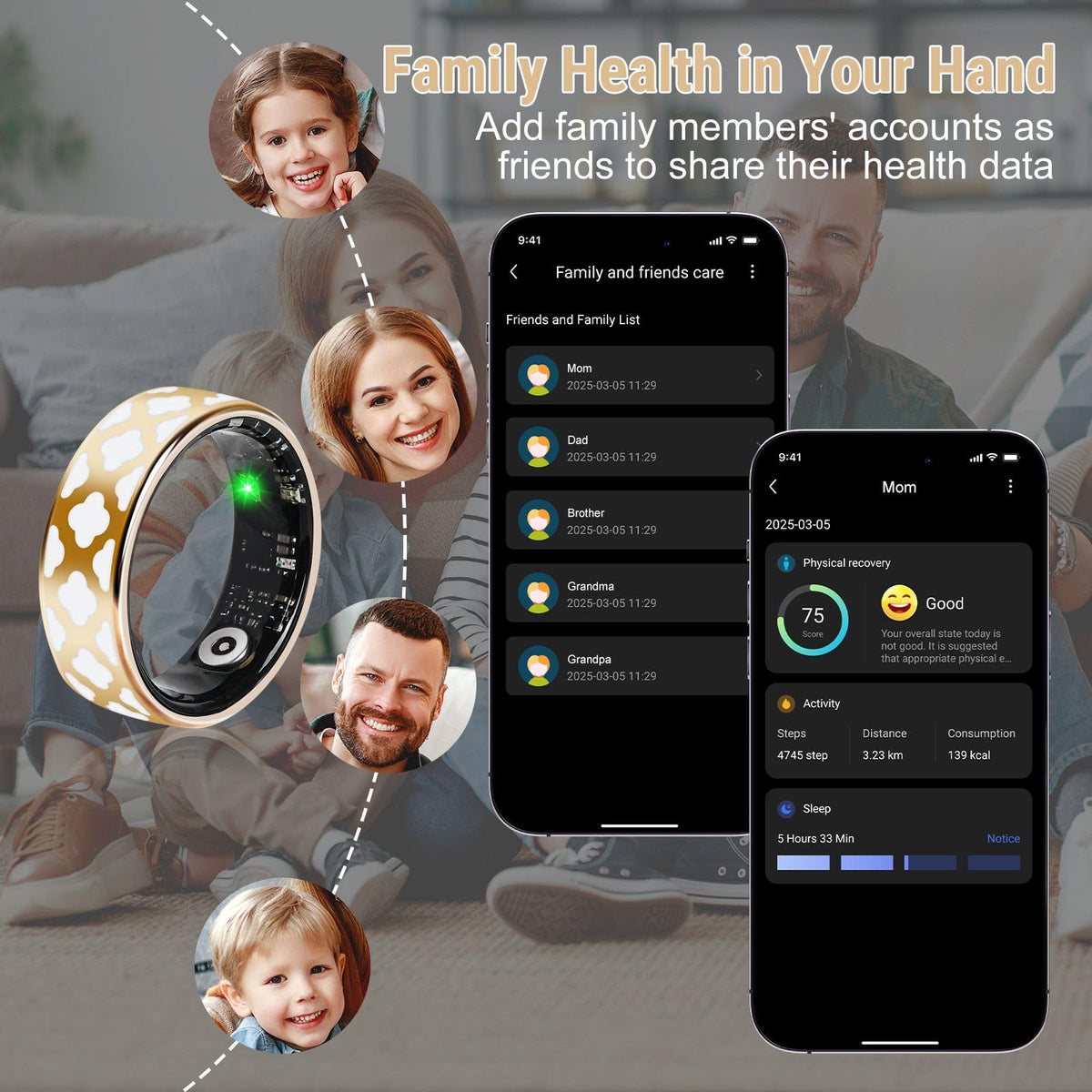 SR4 ring and family health app screens for sharing recovery, activity, and sleep data