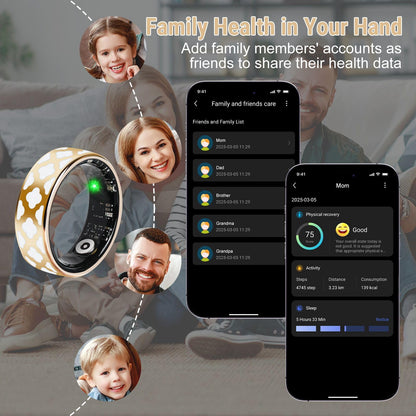 SR4 ring and family health app screens for sharing recovery, activity, and sleep data