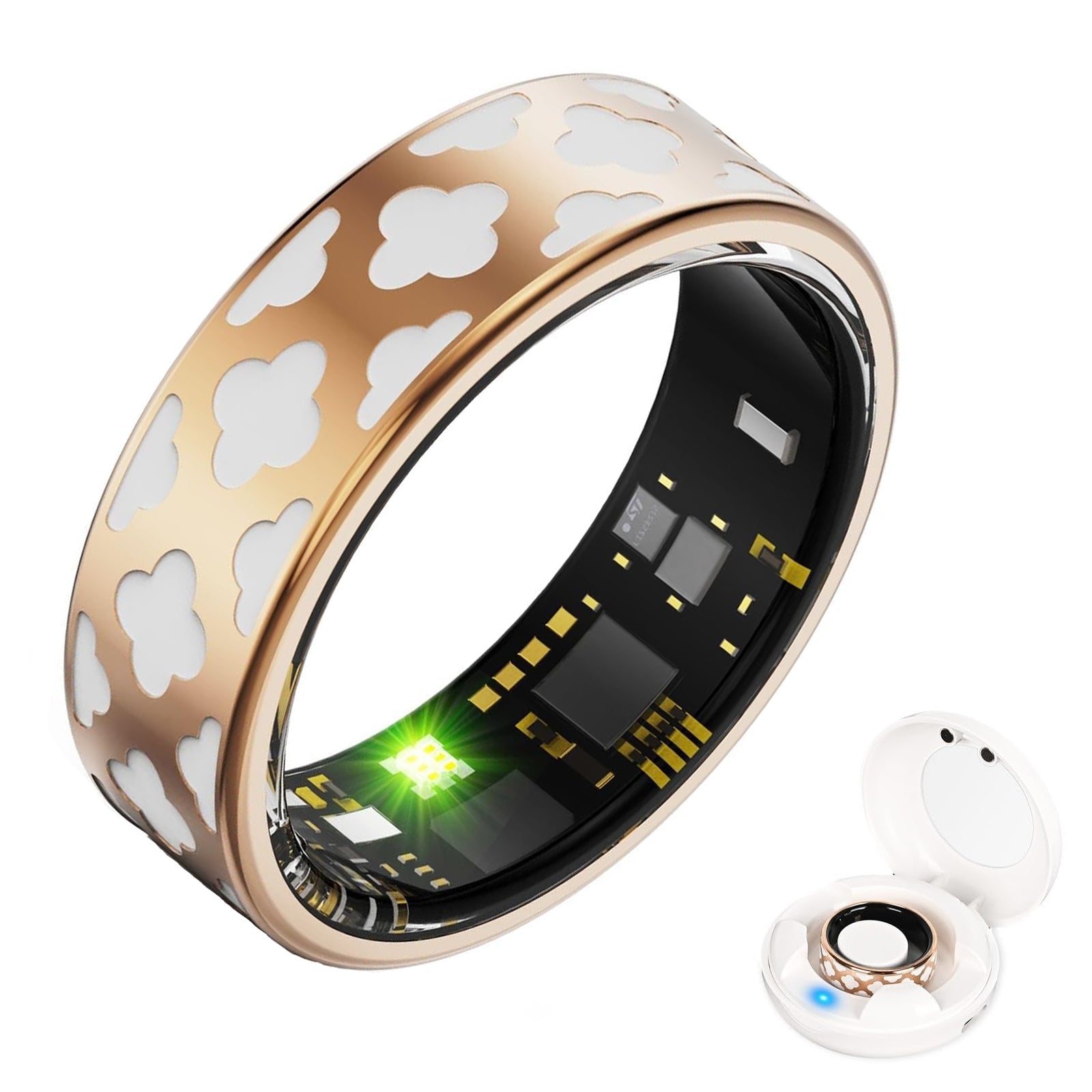 Gold SR4 smart ring with white floral pattern, glowing inner sensor, and charging case