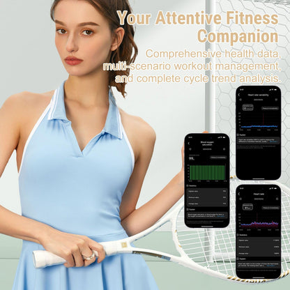 Woman holding a tennis racket beside SR4 app screens for blood oxygen, HRV, and heart rate