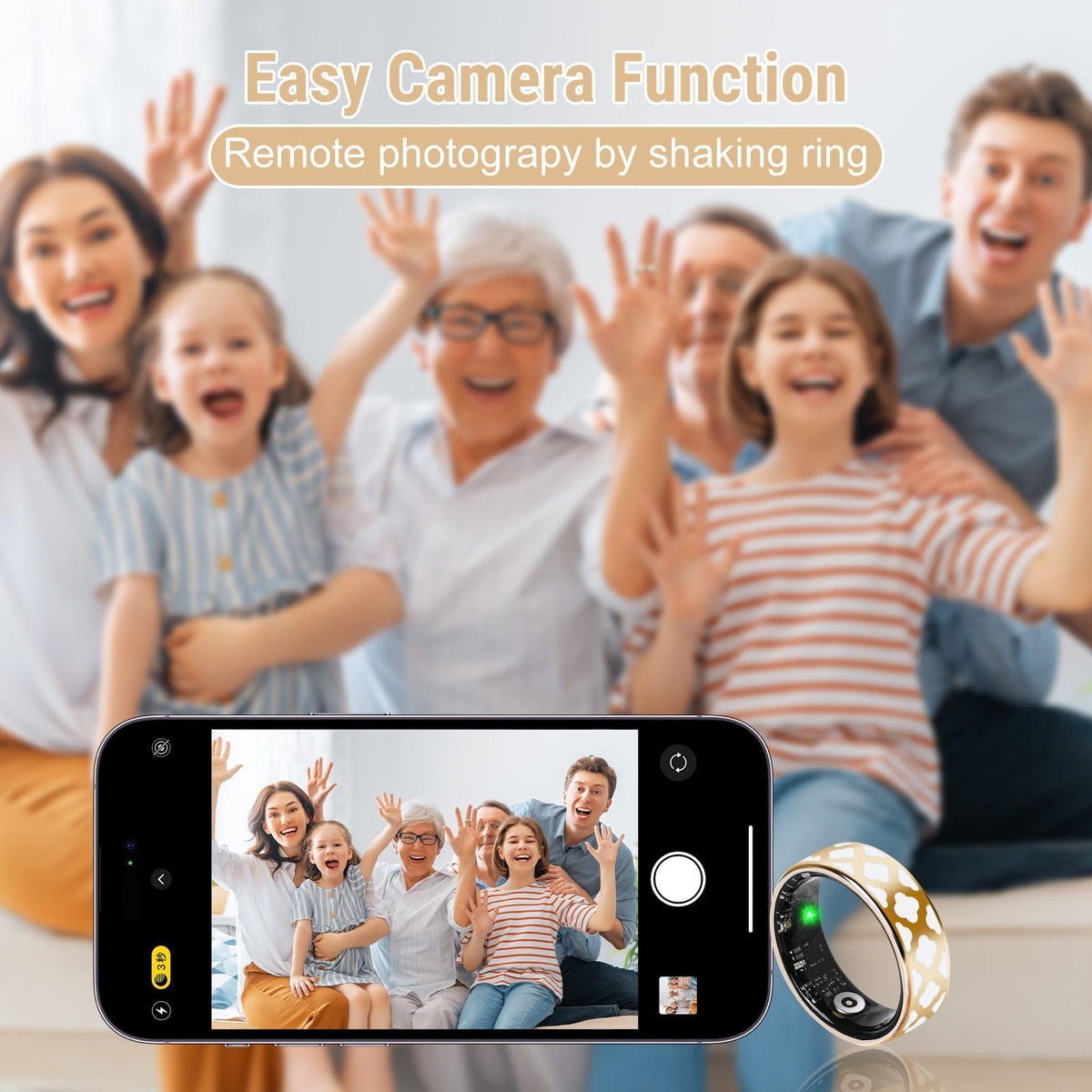 Family posing for a phone camera with SR4 ring remote photography control