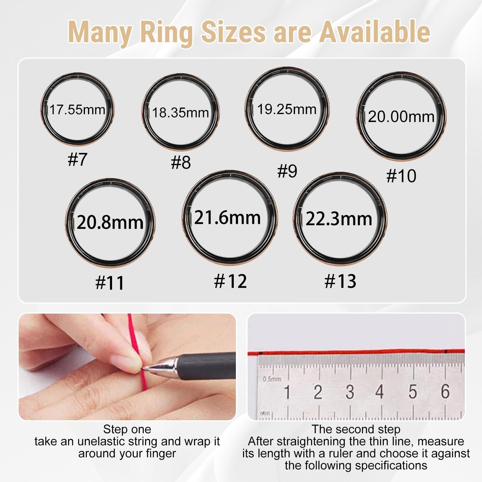 SR4 ring size guide for sizes 7–13 with diameter chart and string measuring steps