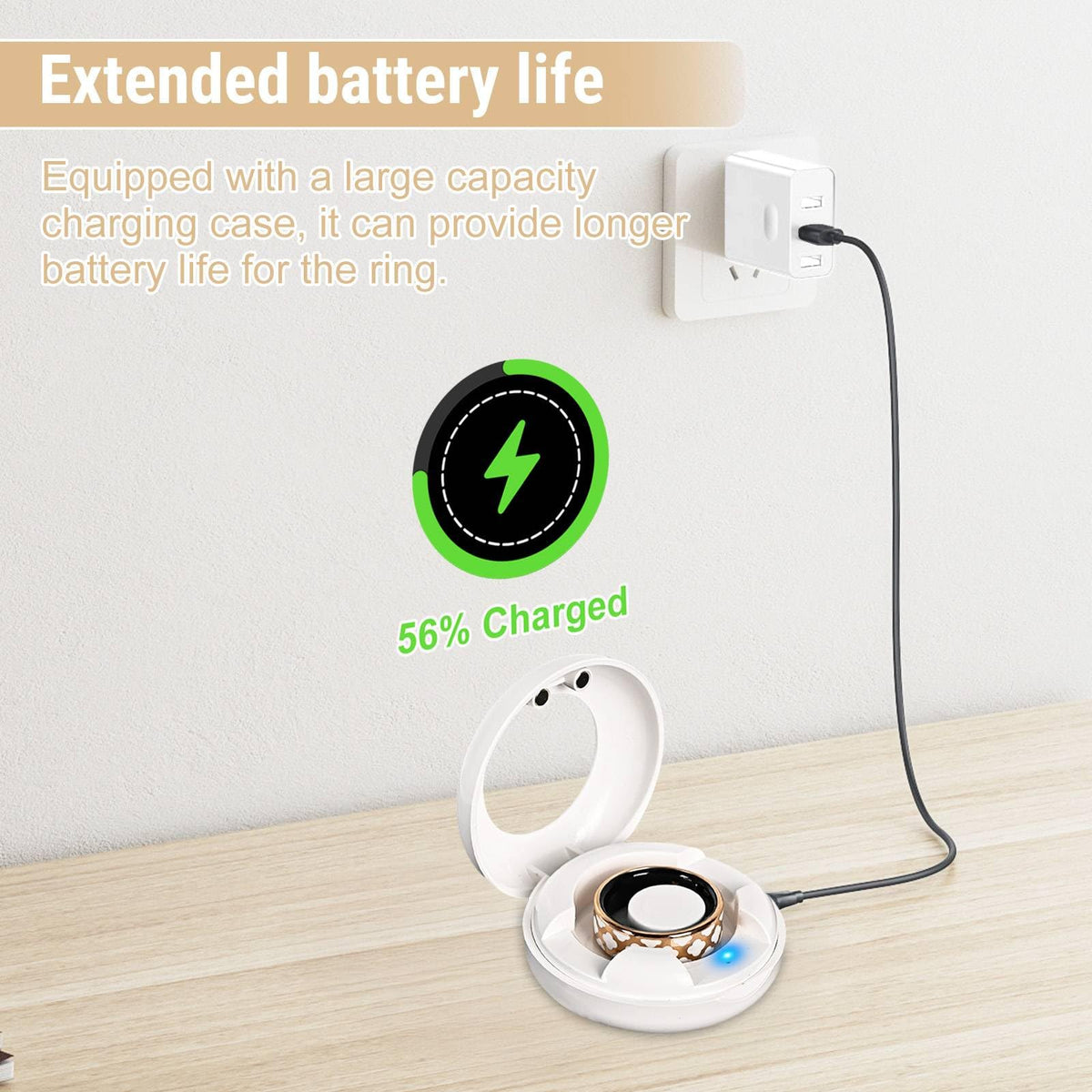 Gold SR4 ring charging in a white case connected to a wall adapter with 56% status