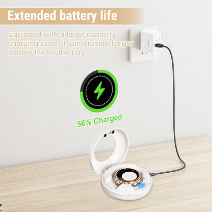 Gold SR4 ring charging in a white case connected to a wall adapter with 56% status