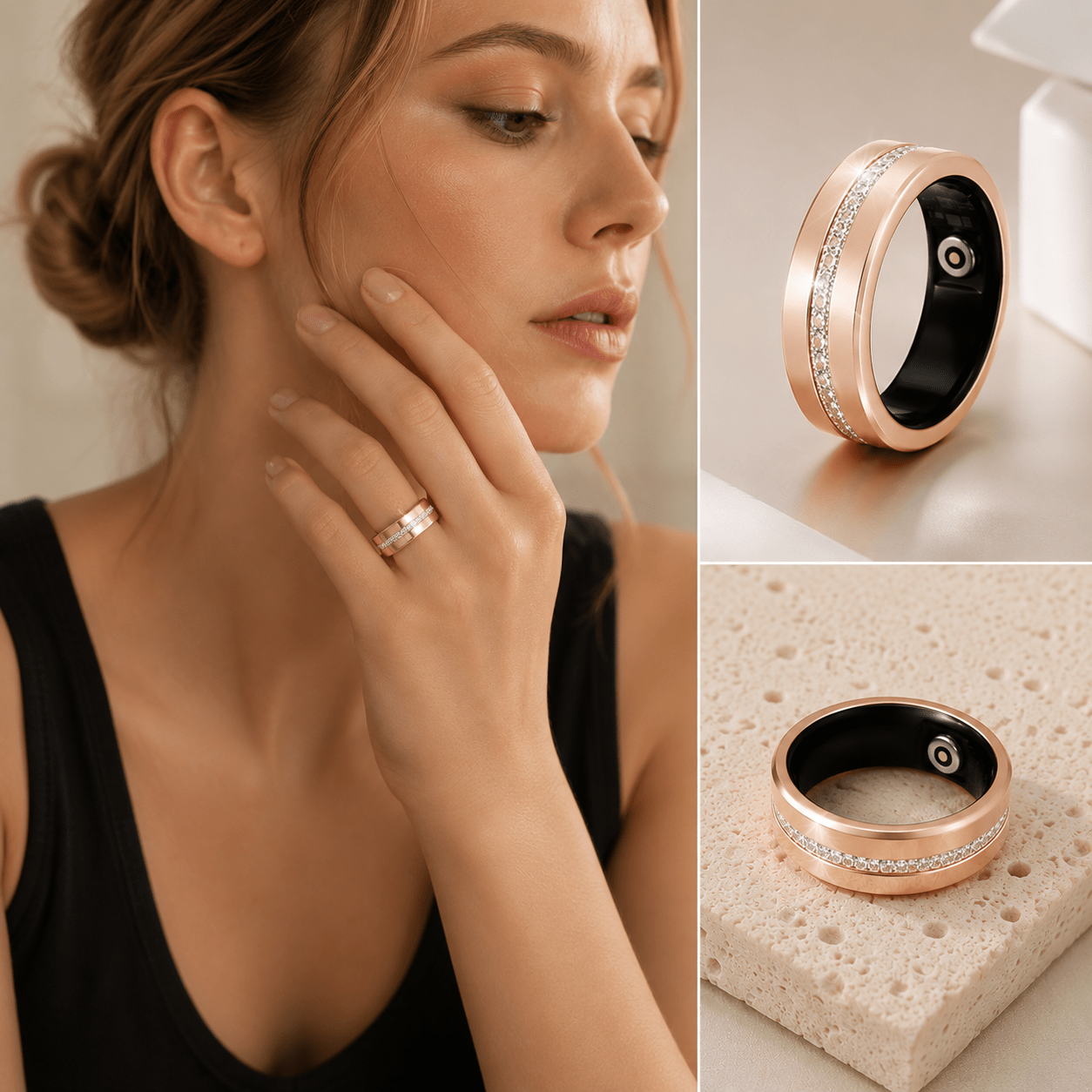 Woman wearing rose gold V6 diamond ring beside two close-up product views on beige background