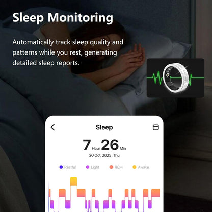 Sleeping woman with silver V6 ring, heartbeat graphic, and app chart showing sleep stages