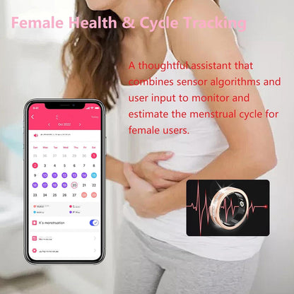 Female cycle tracking app beside woman and rose gold V6 ring with heartbeat graphic