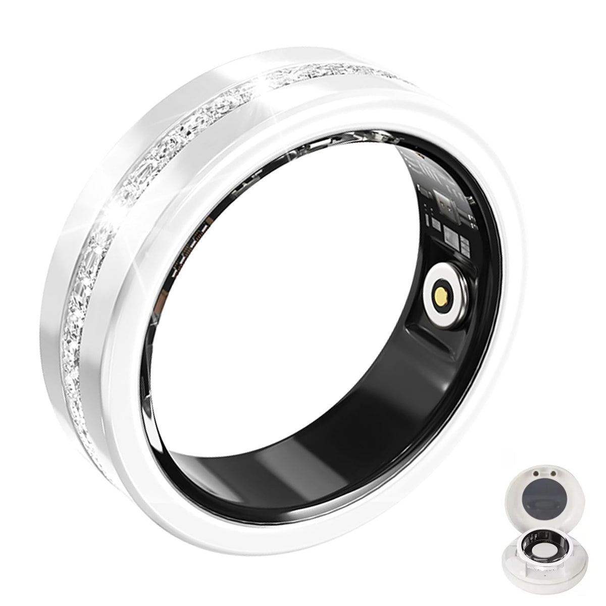 Silver V6 diamond smart ring with crystal center band and black sensor lining beside charging case