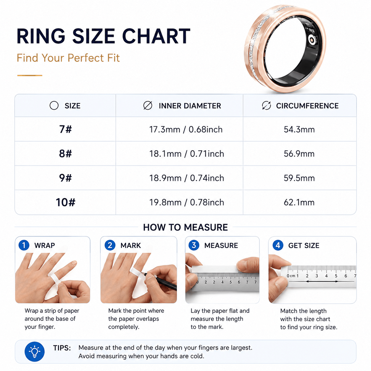 V6 ring size chart for sizes 7–10 with illustrated steps for measuring finger circumference