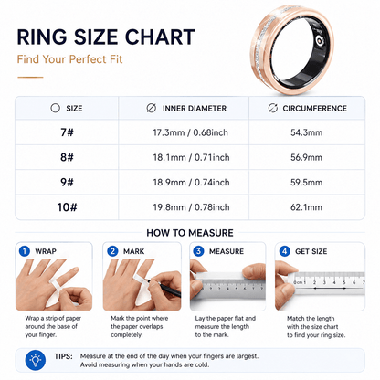 V6 ring size chart for sizes 7–10 with illustrated steps for measuring finger circumference
