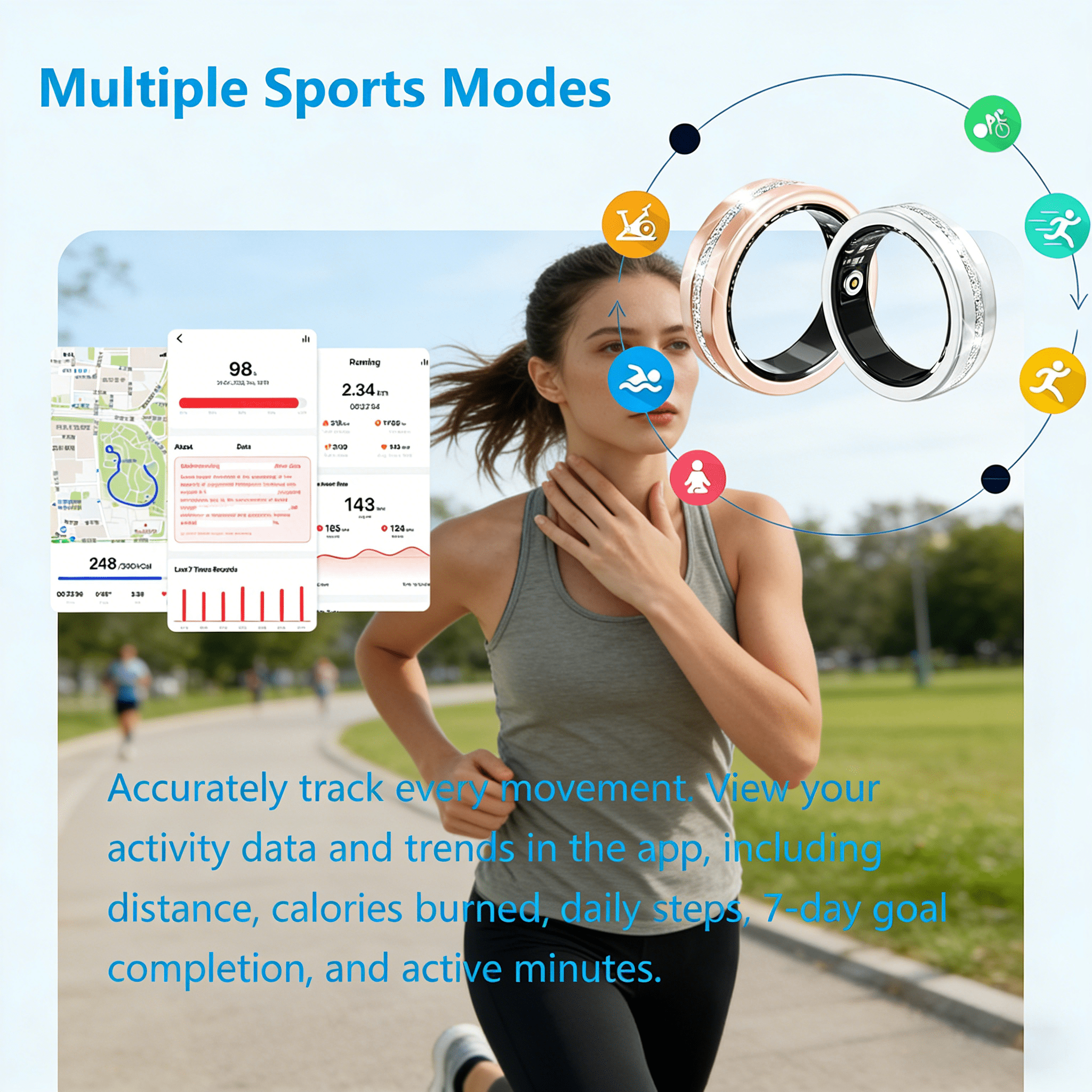 Woman running beside rose gold and silver V6 rings, sports icons, and activity app screens