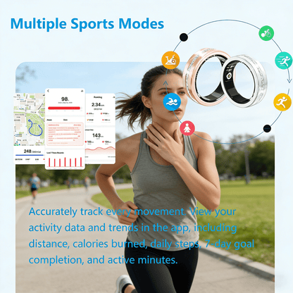 Woman running beside rose gold and silver V6 rings, sports icons, and activity app screens