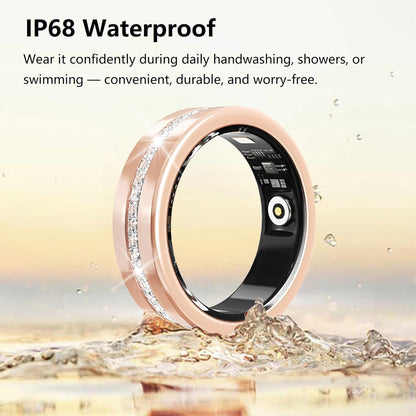 Rose gold V6 diamond ring in splashing water with IP68 waterproof message