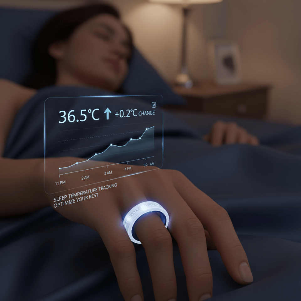 Sleeping woman wearing illuminated silver V6 ring with overnight temperature trend overlay