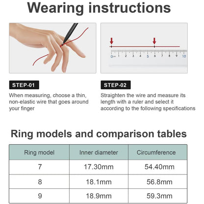 V8 wearing instructions and size comparison chart for ring sizes 7, 8, and 9