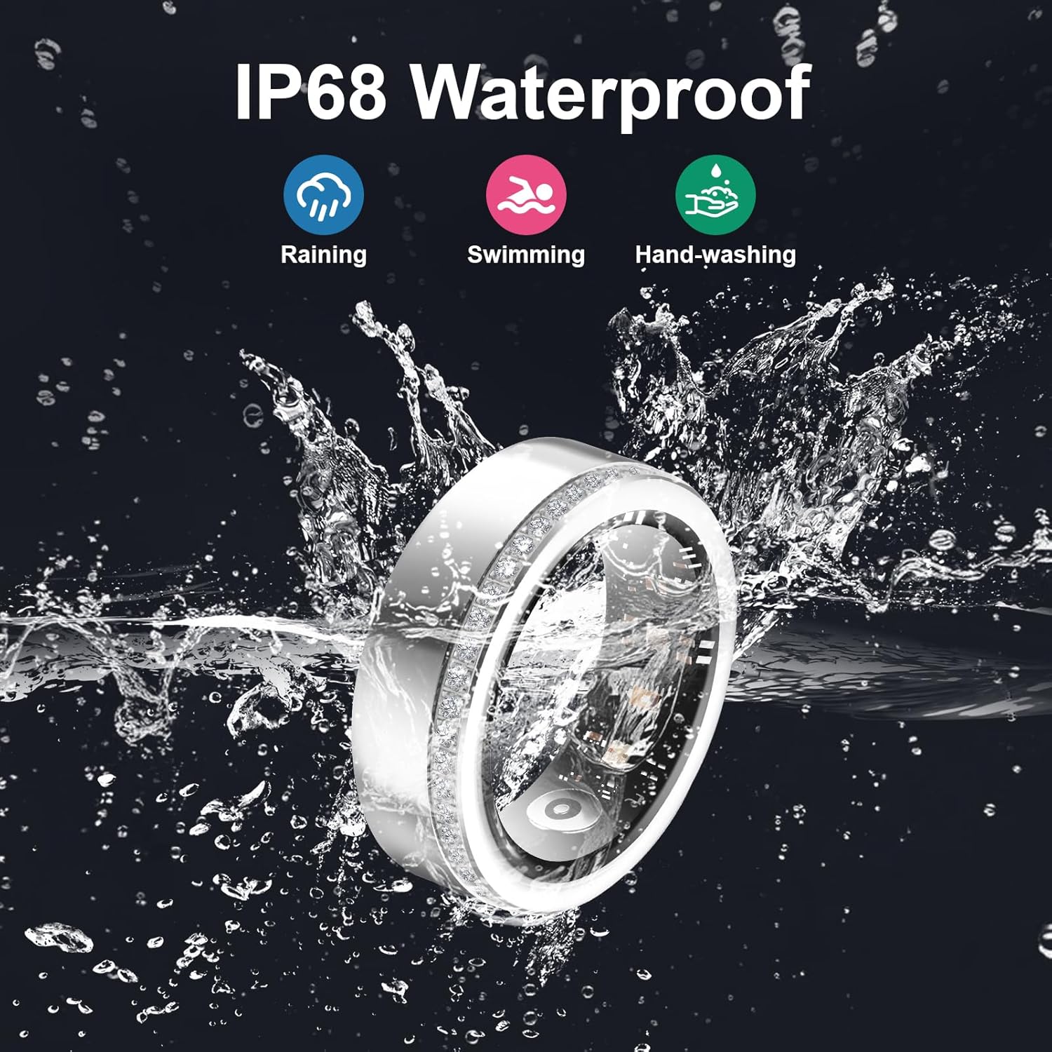 Silver V8 diamond ring in splashing water with IP68 icons for rain, swimming, and hand washing