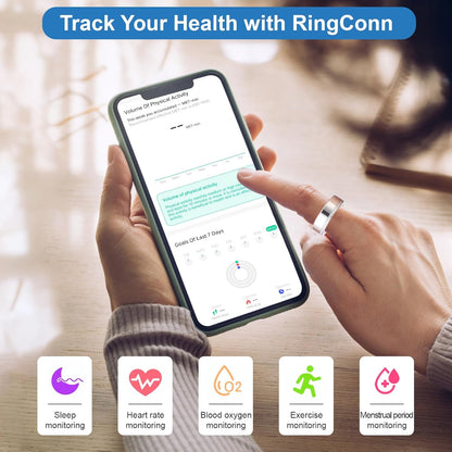 Hand wearing silver V8 ring while viewing activity dashboard with health monitoring feature icons