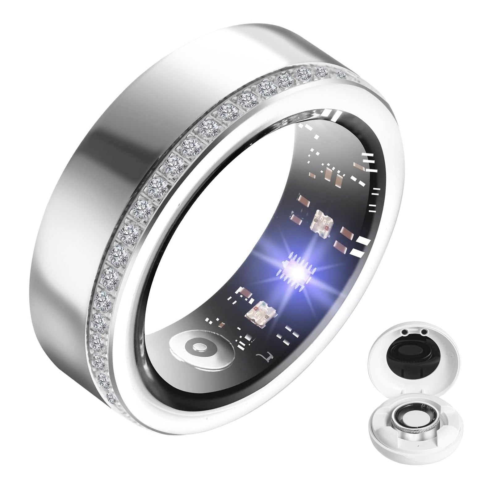 Silver V8 diamond smart ring with crystal edge, illuminated inner sensors, and white charging case