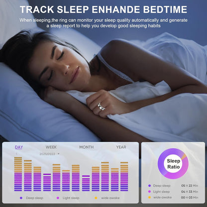 Sleeping woman wearing silver V8 ring above charts for deep sleep, light sleep, and awake time