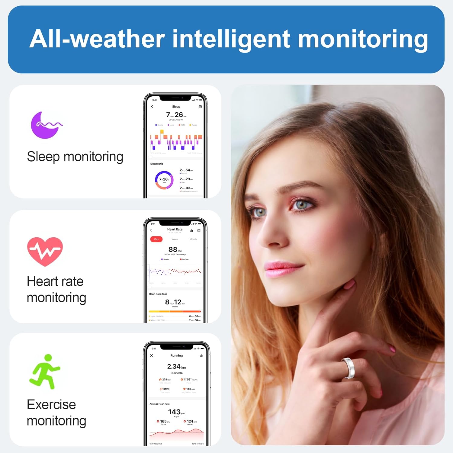 Woman wearing silver V8 ring beside app screens for sleep, heart rate, and exercise monitoring