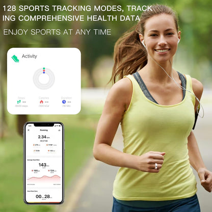 Woman jogging with silver V8 ring beside activity goals and running heart rate dashboard