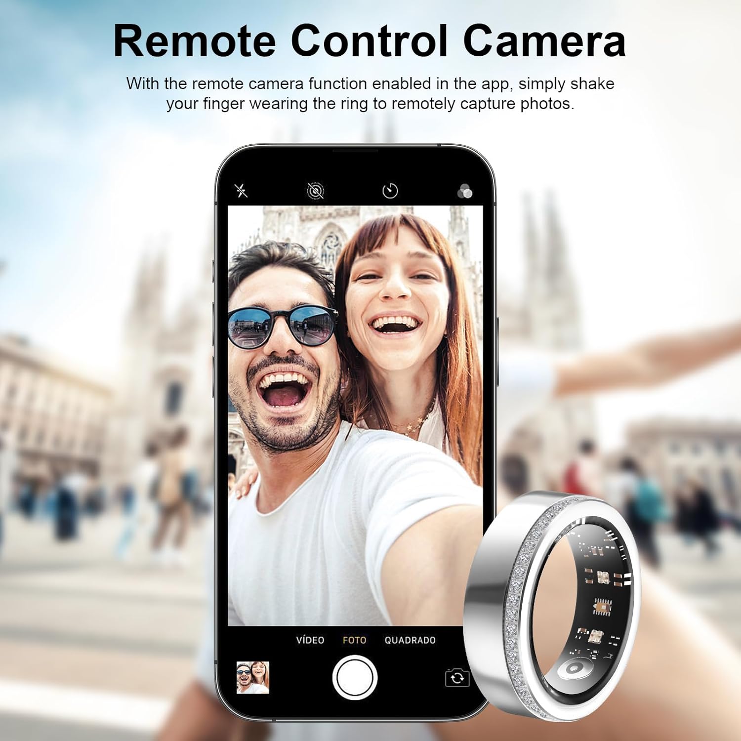 Silver V8 diamond ring beside phone camera screen demonstrating gesture-controlled remote photos