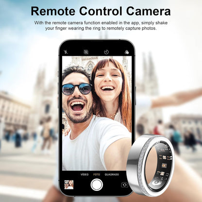 Silver V8 diamond ring beside phone camera screen demonstrating gesture-controlled remote photos