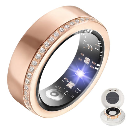 Rose gold V8 diamond smart ring with crystal edge, illuminated inner sensors, and charging case