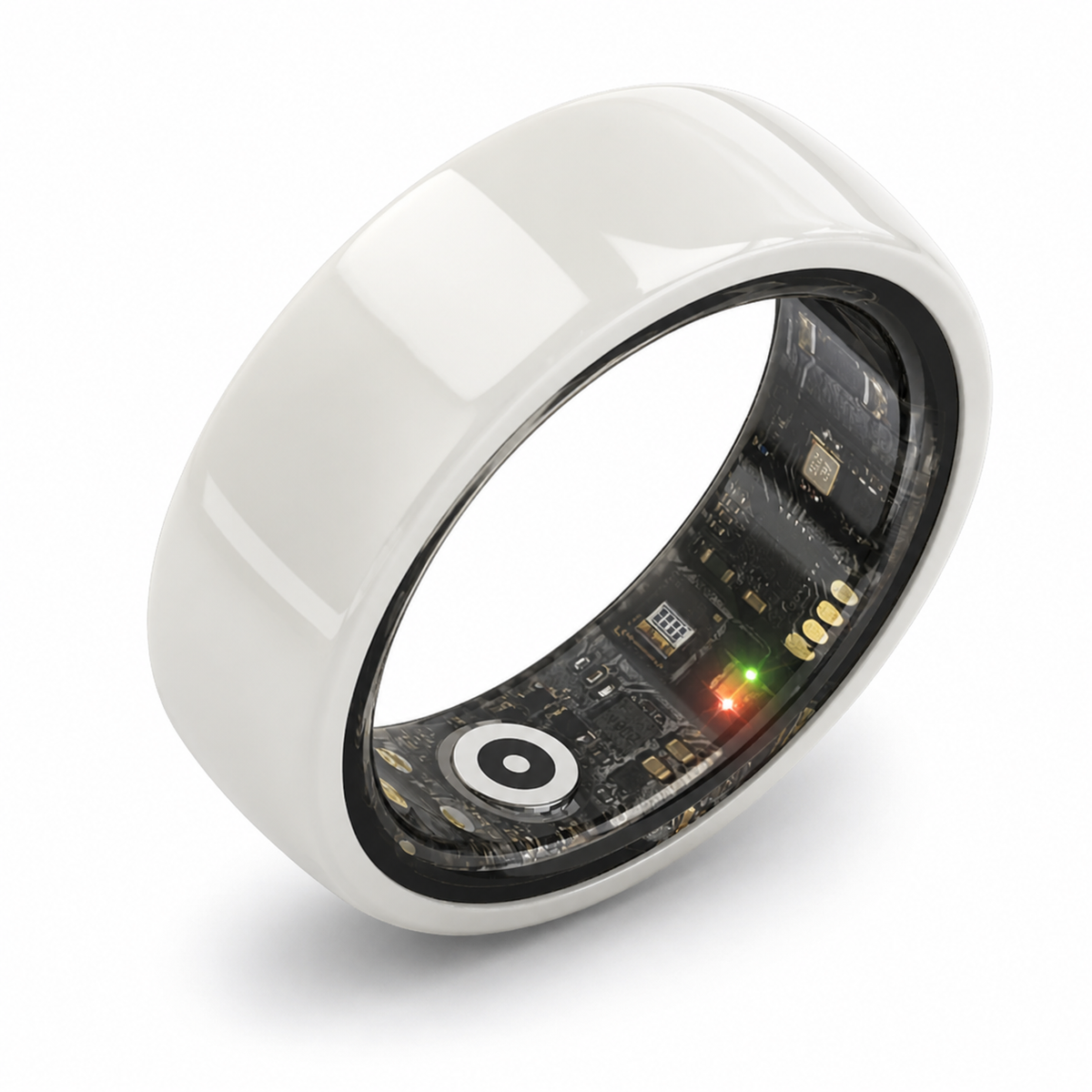 White ceramic smart ring angled view showing internal sensors and electronics #color_ceramics-white