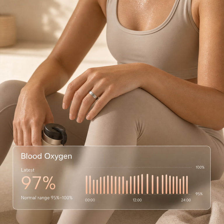 Athletic woman wearing a smart ring with a transparent blood-oxygen trend display