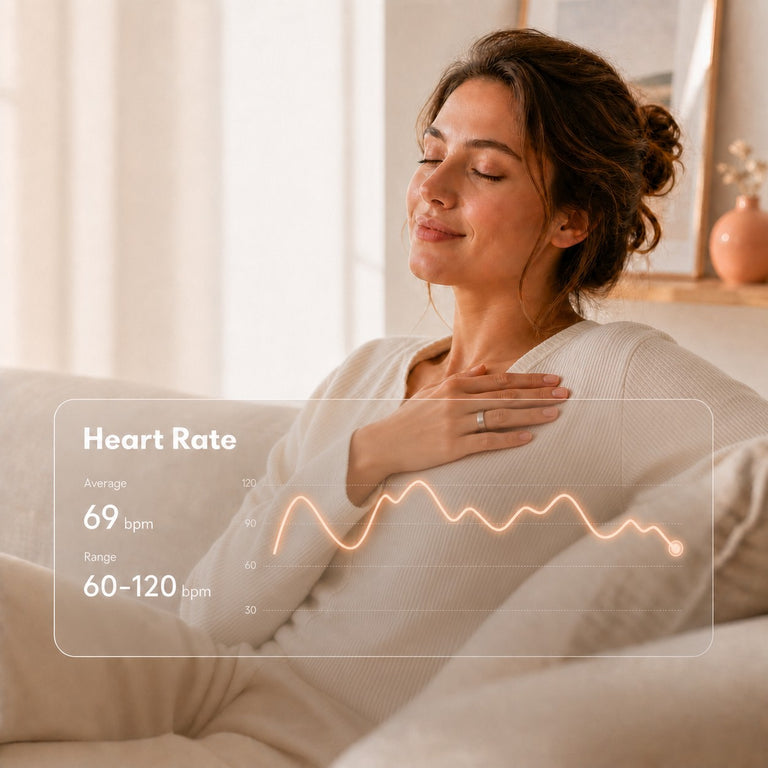 Woman wearing a smart ring with a transparent heart-rate trend display